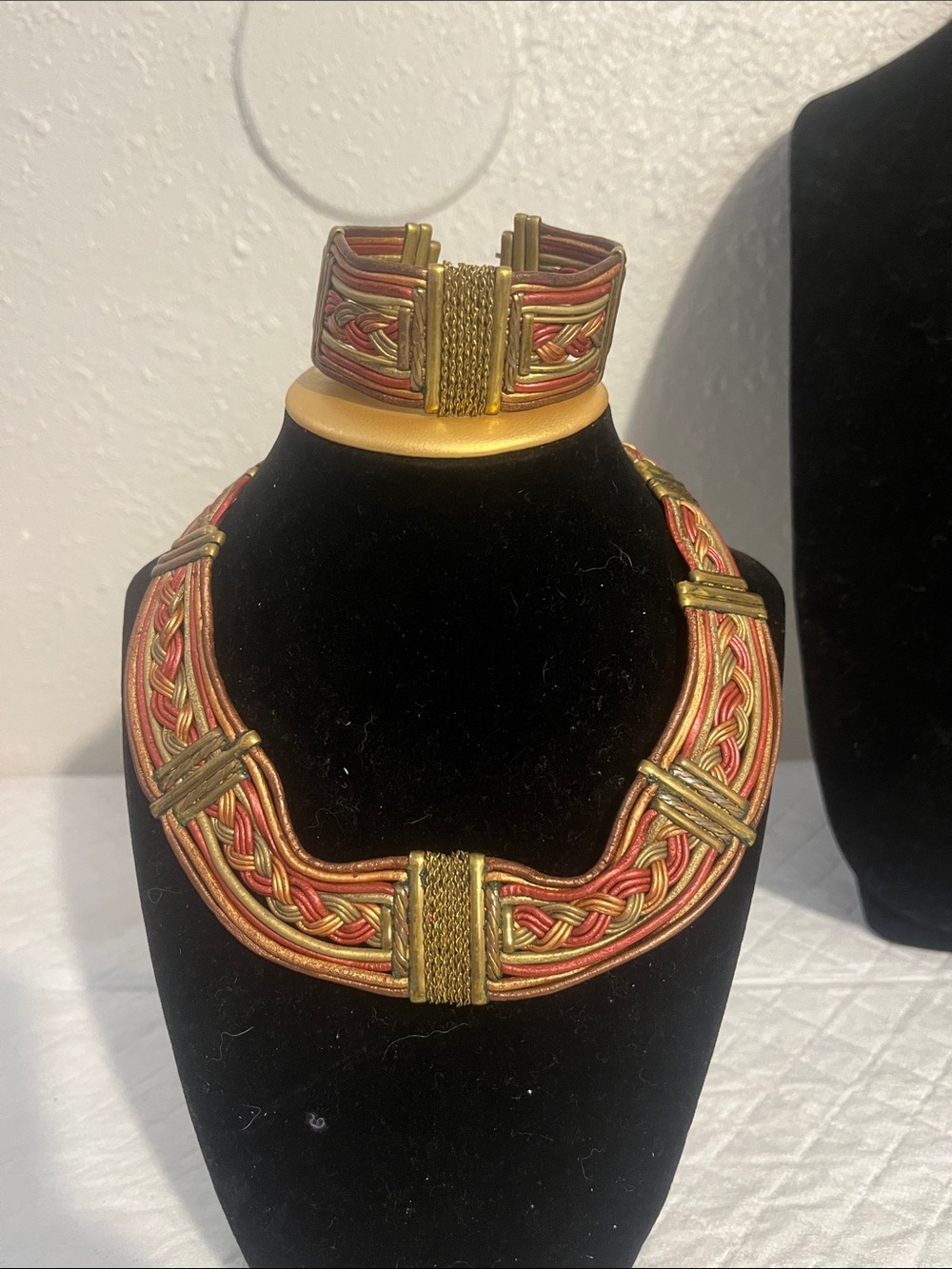 Braided Gold and Red Statement Necklace and Cuff Set